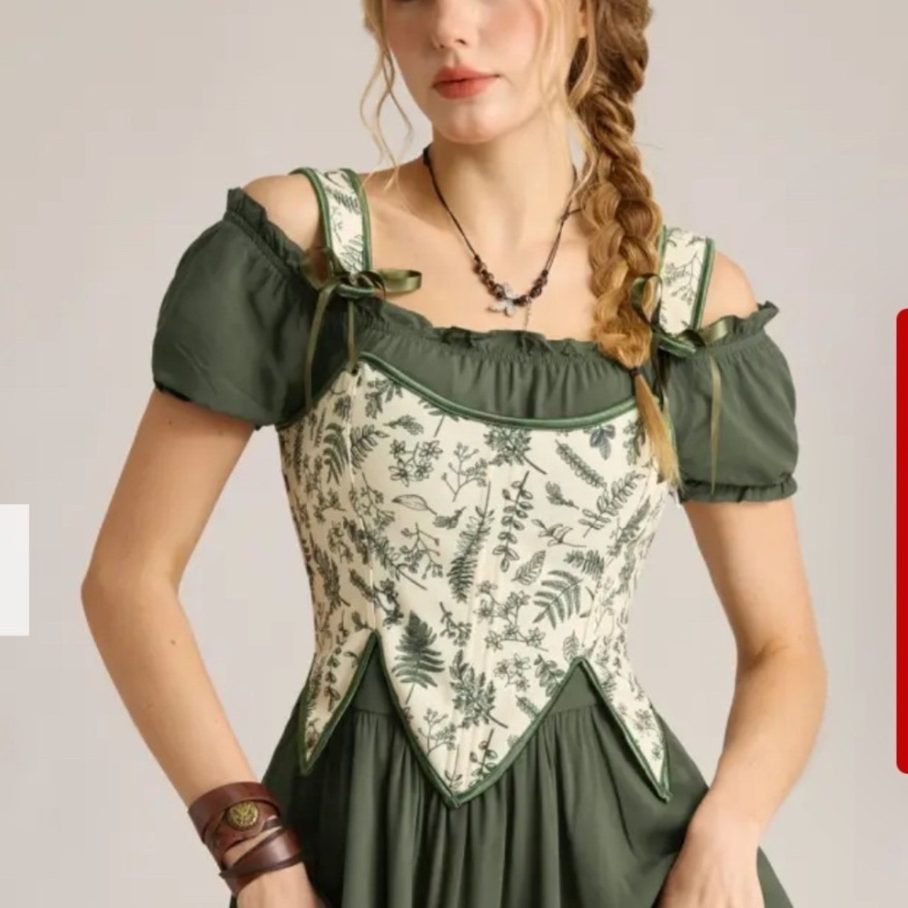 Scarlet Darkness Green Botanical Fern Floral Lace Up Corset Vest Top Sz 6